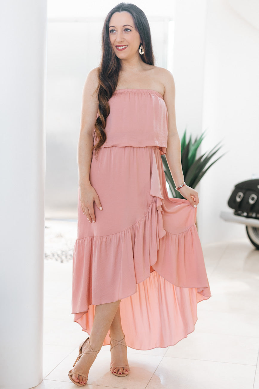 Strapless Ruffle High Low Satin Dress (SALE)