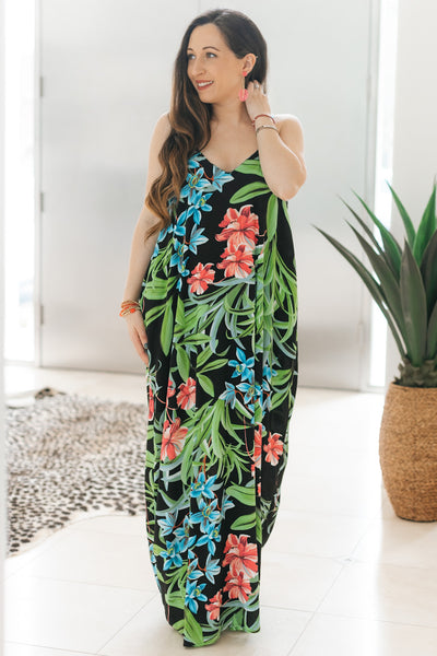 Colorful Floral & Leaf Print Maxi Dress With Pockets & Adjustable Straps (SALE)