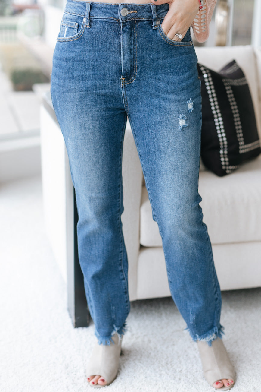 High Rise Raw Hem Straight Leg Jeans