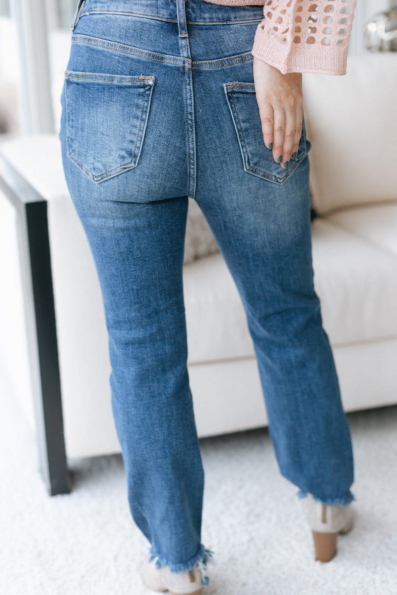 High Rise Raw Hem Straight Leg Jeans