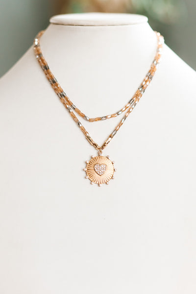 Two Bead Chain Heart Disc Necklace