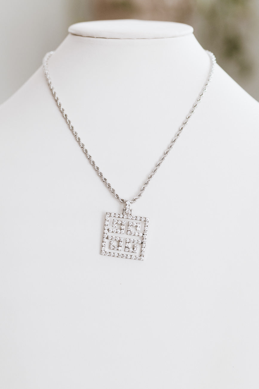 Twist Chain Rhinestone Greek Key Pendant Necklace