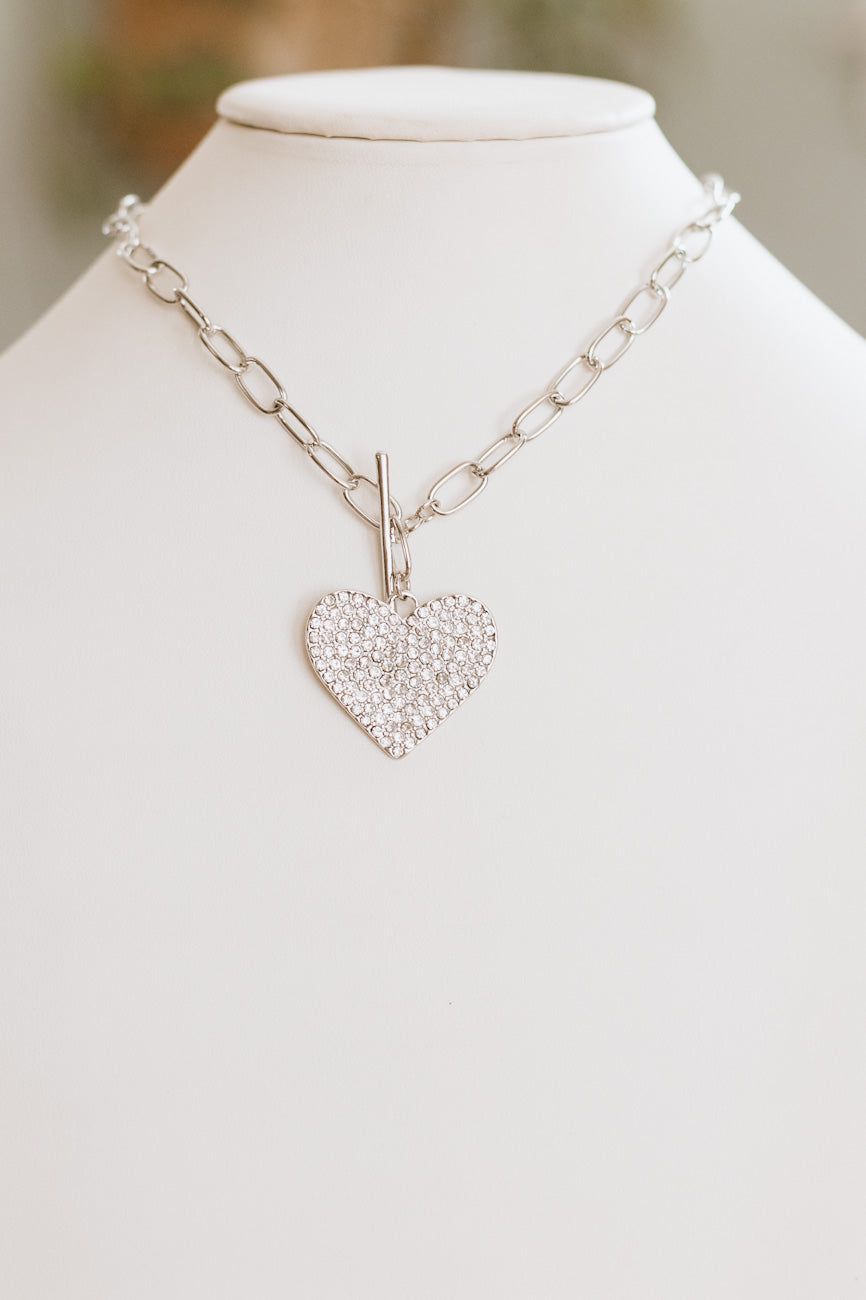 Flat Large Rhinestone Heart Toggle Necklace