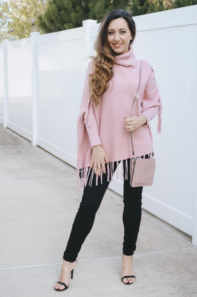 Grommet Lace Up Fringe Poncho-Glitz & Ears Boutique