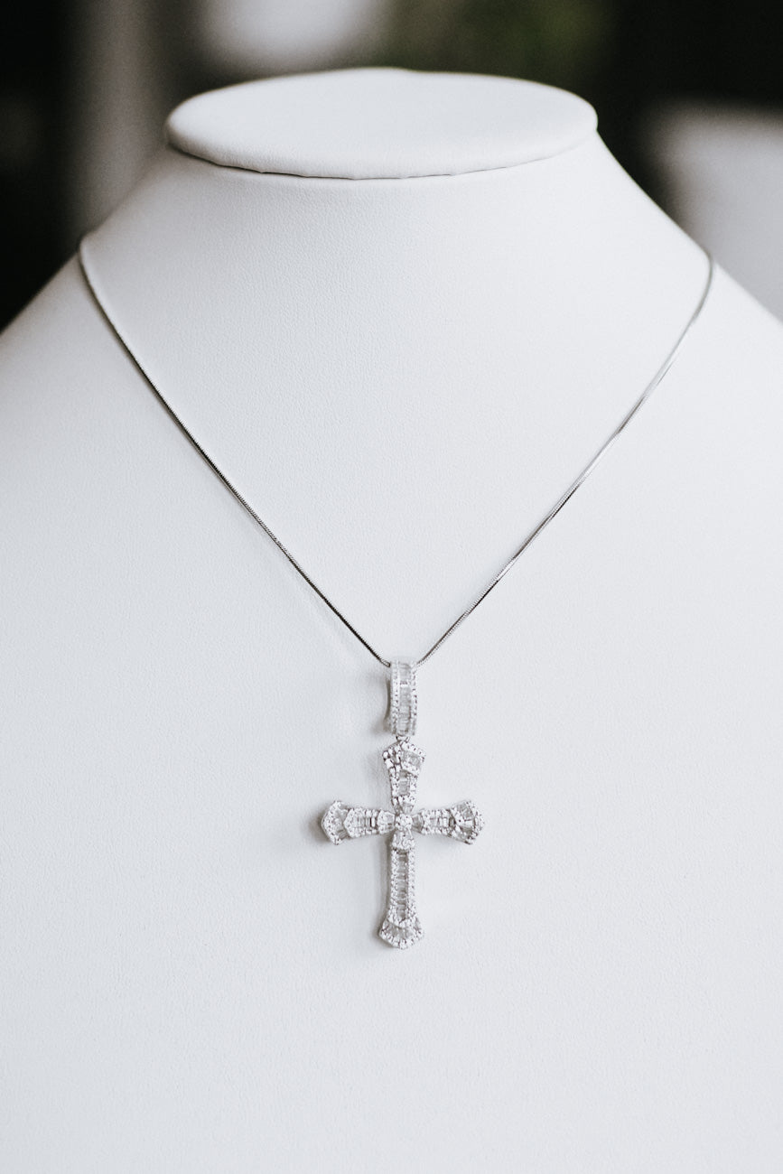 3D Baguette &amp; Pave Accent Cross Necklace