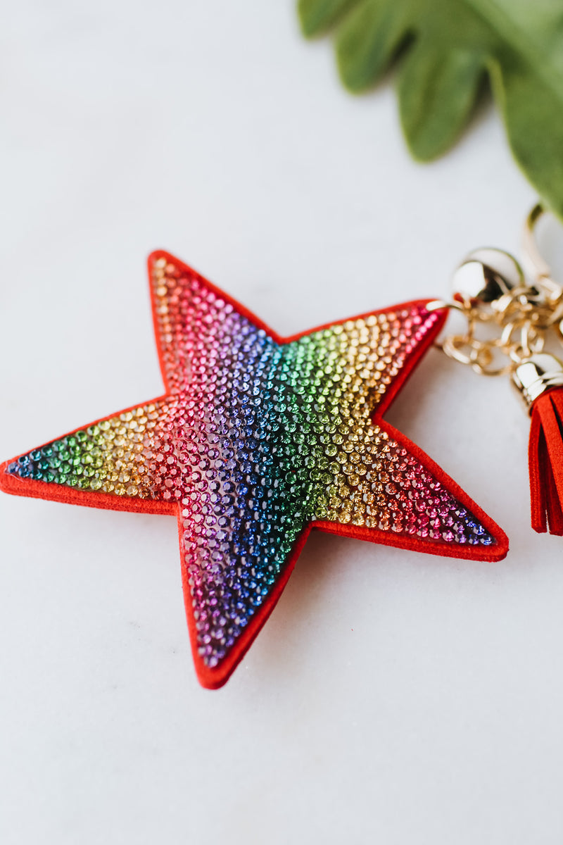 Rhinestone Puff Rainbow Star Keychain