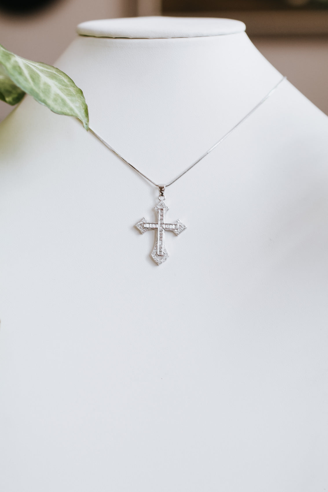 Pave Point Ends Baguette Cross Necklace