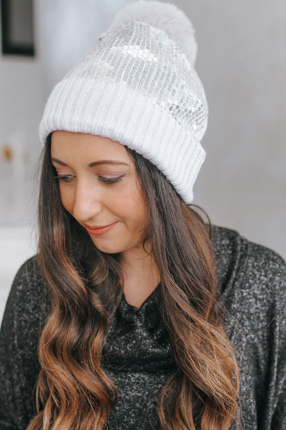 Lined Fold Sequin Beanie
