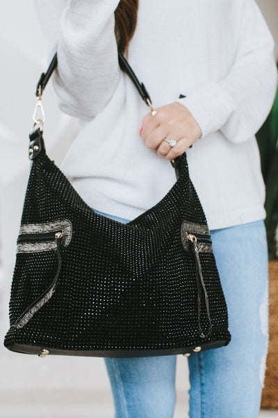 All Rhinestone Zip Accent Side Purse