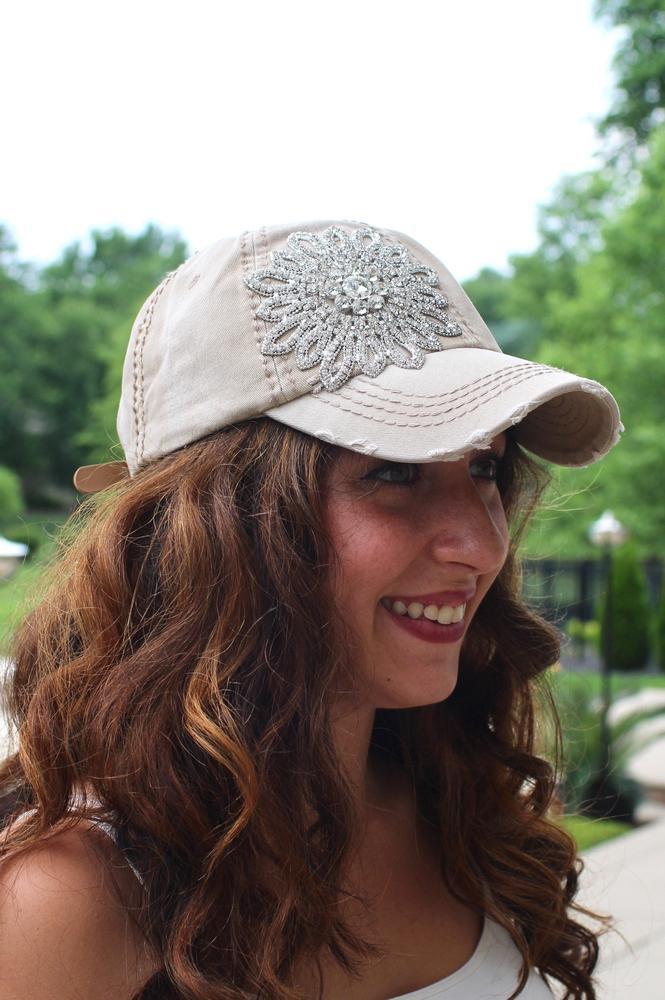 Distressed Rhinestone Flower Baseball Hat - Glitz & Ears