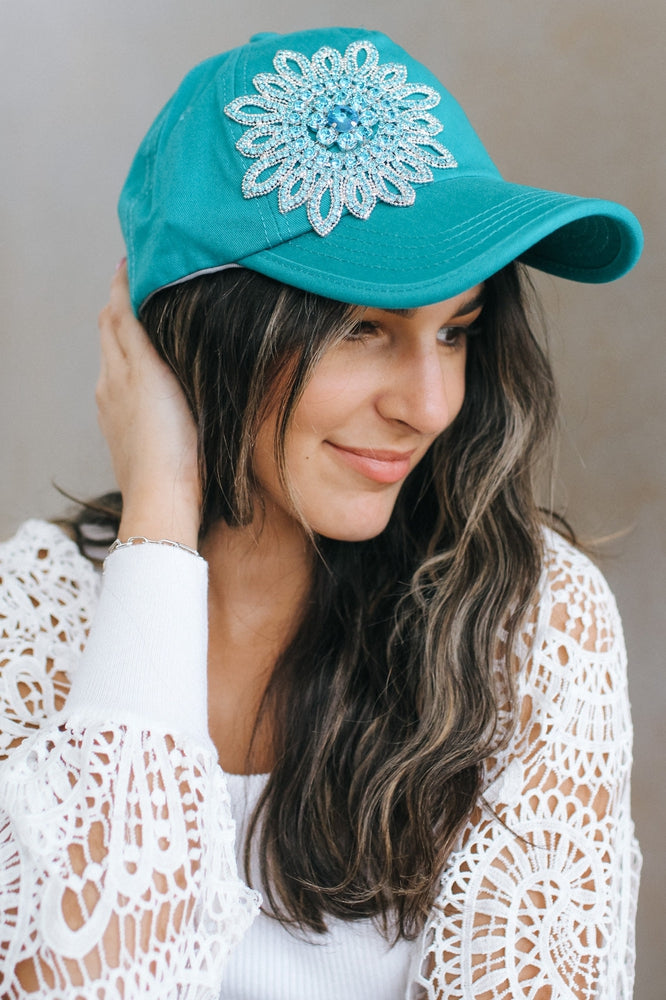 Rhinestone Flower Ponytail Baseball Hat