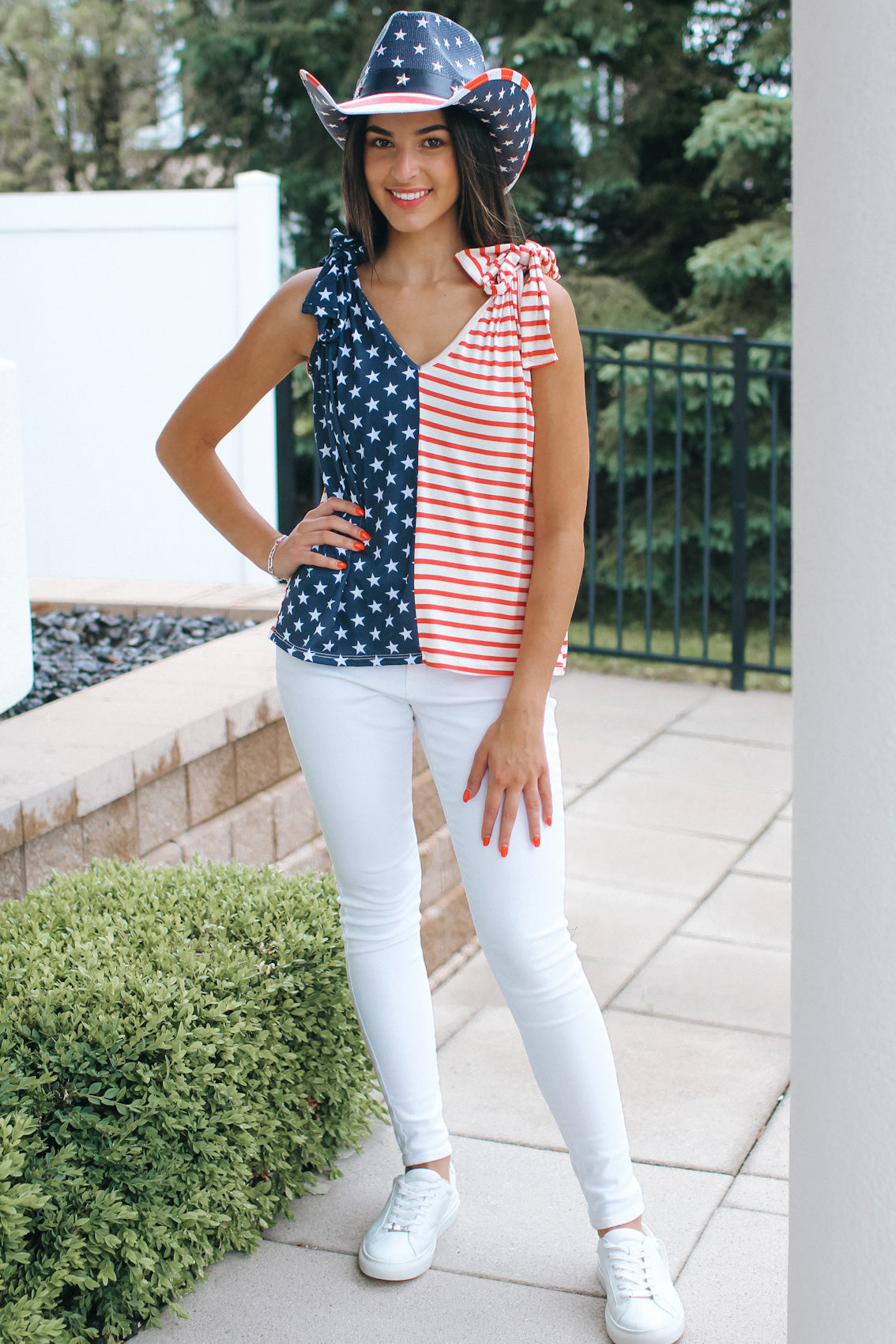 USA Flag Print Tie Shoulder Top