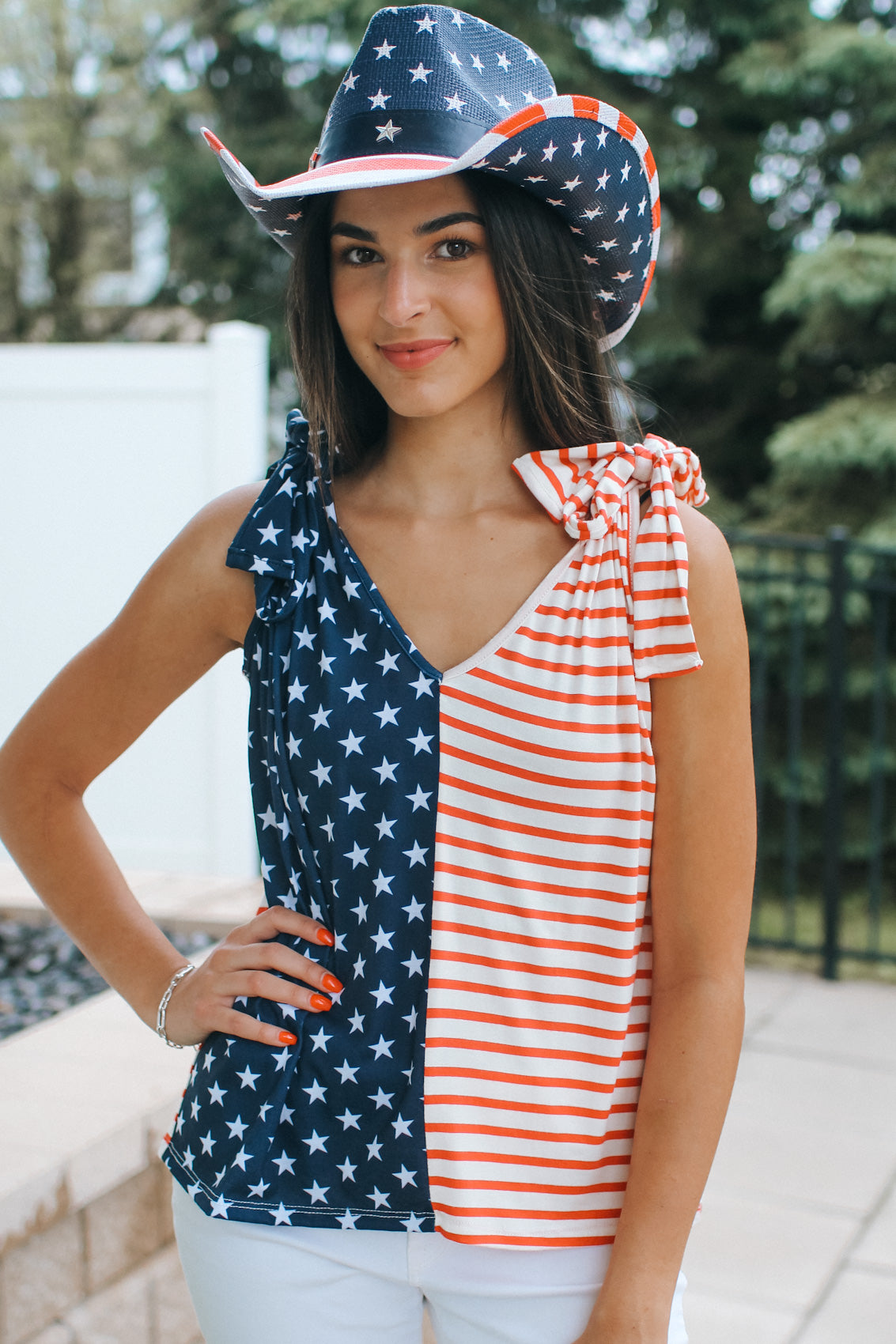 USA Flag Print Tie Shoulder Top