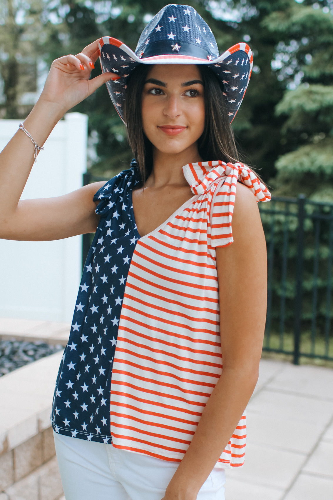 USA Flag Print Tie Shoulder Top