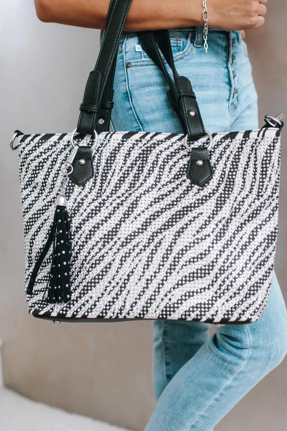 Zebra Background Rhinestone Tote