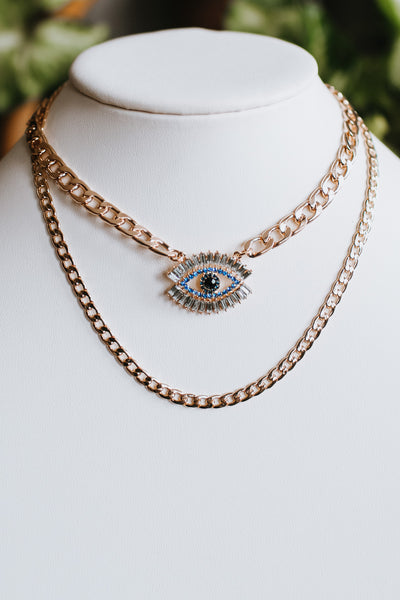 Baguette Evil Eye Two Chain Necklace