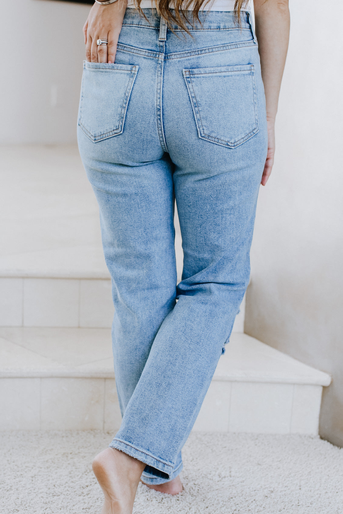 High Rise Straight Leg Distressed Jean