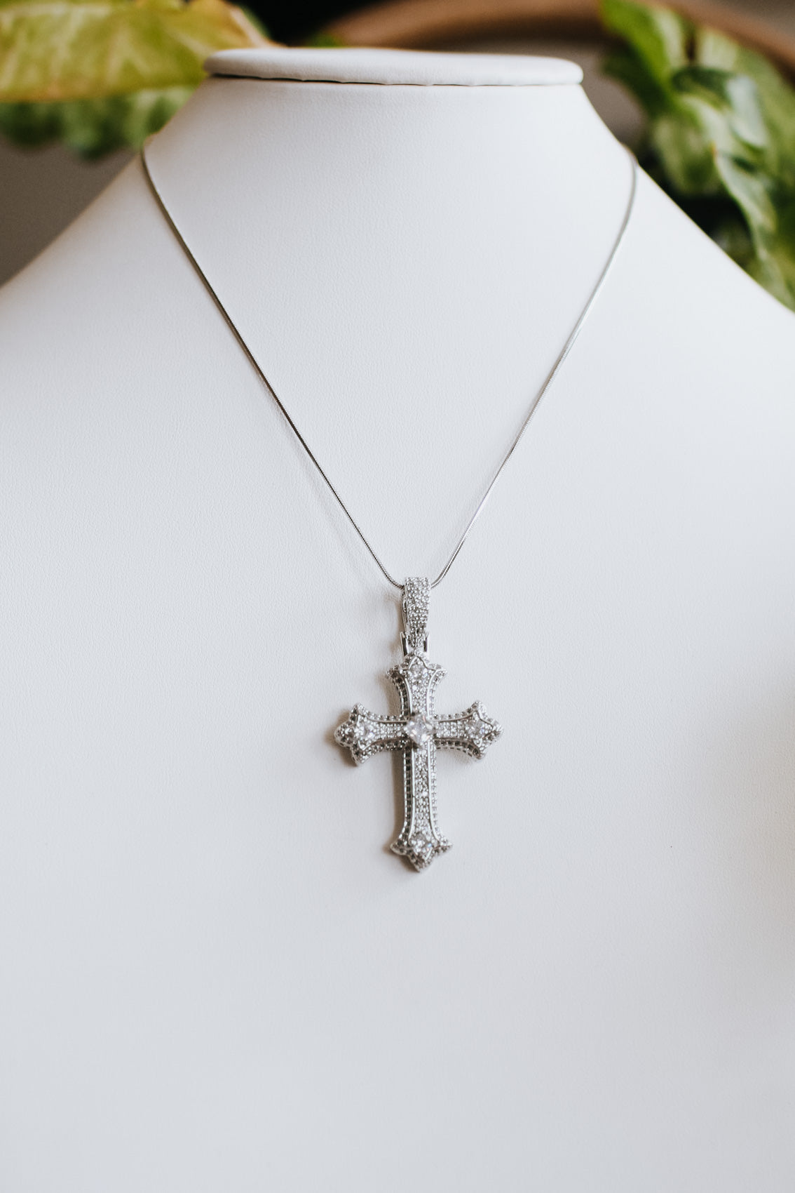 Point Ends Pave Square Stone Middle Cross Necklace