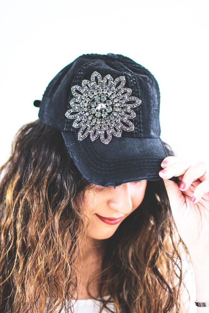 Distressed Rhinestone Flower Baseball Hat - Glitz & Ears Boutique