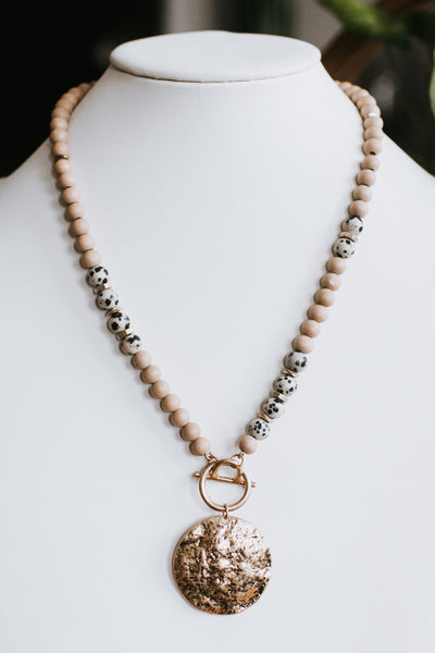 Long Matte & Spot Bead Gold Disc Necklace