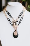 Two Tone Links Coin & Black Teardrop Necklace