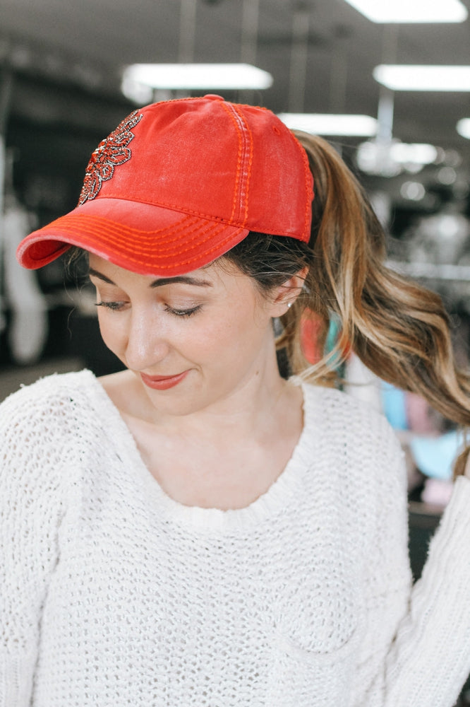 Rhinestone Flower Ponytail Baseball Hat