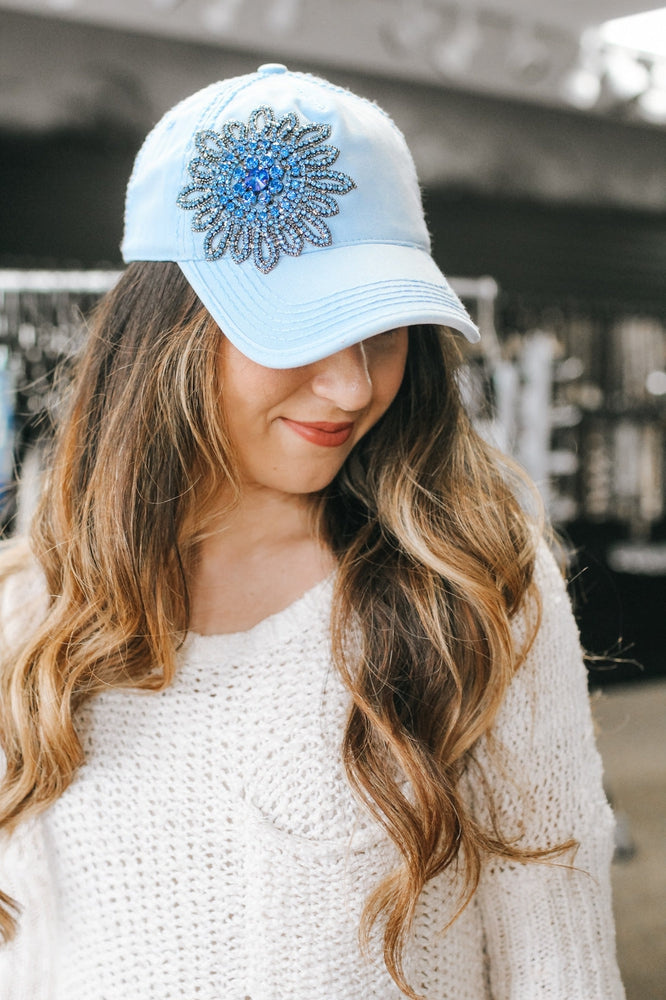 Rhinestone Flower Ponytail Baseball Hat