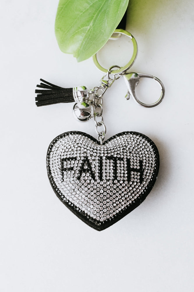 Faith Middle Puff Rhinestone Heart Keychain