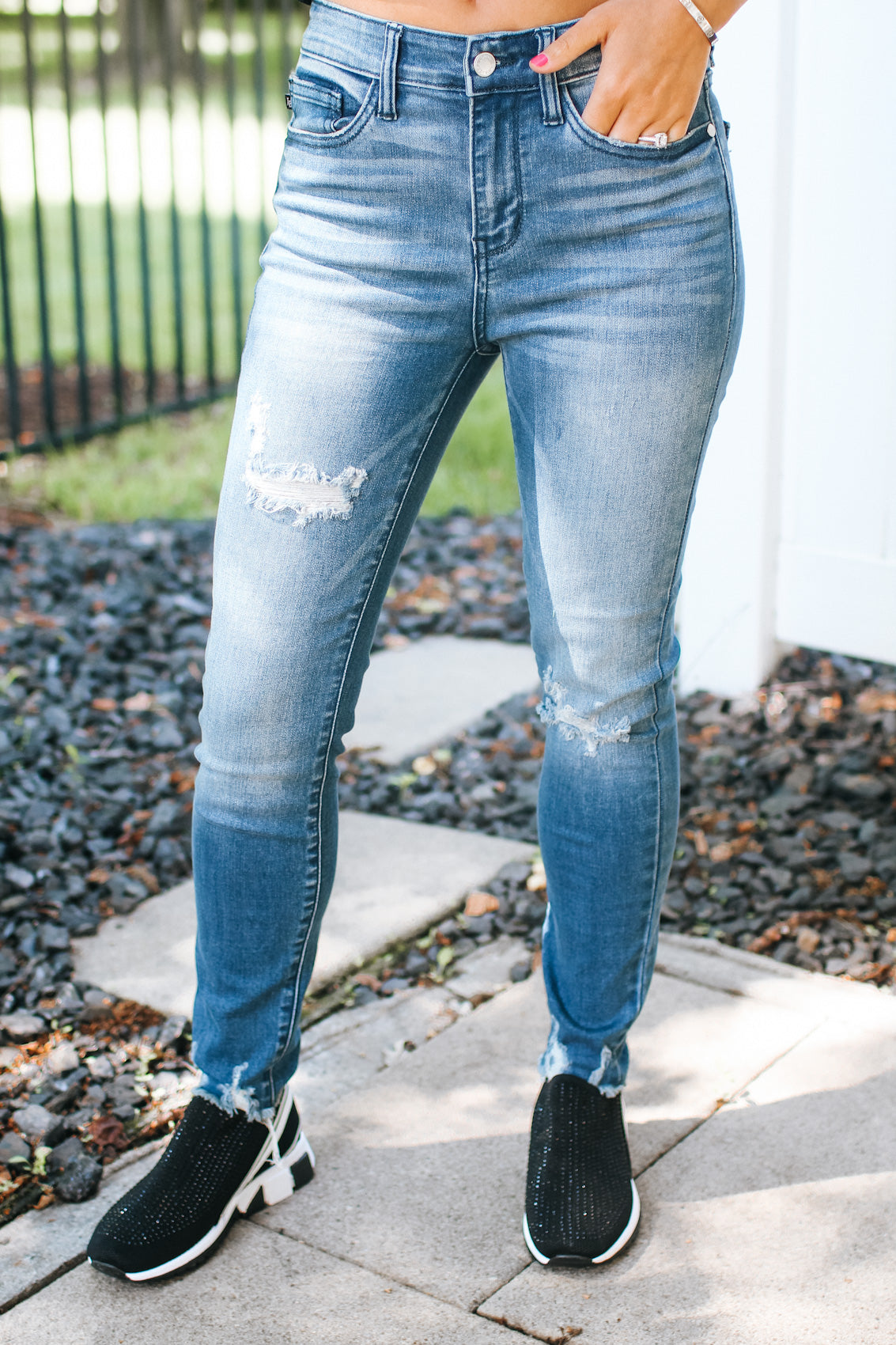 High Rise Distressed Knee &amp; Hem Skinny Jean