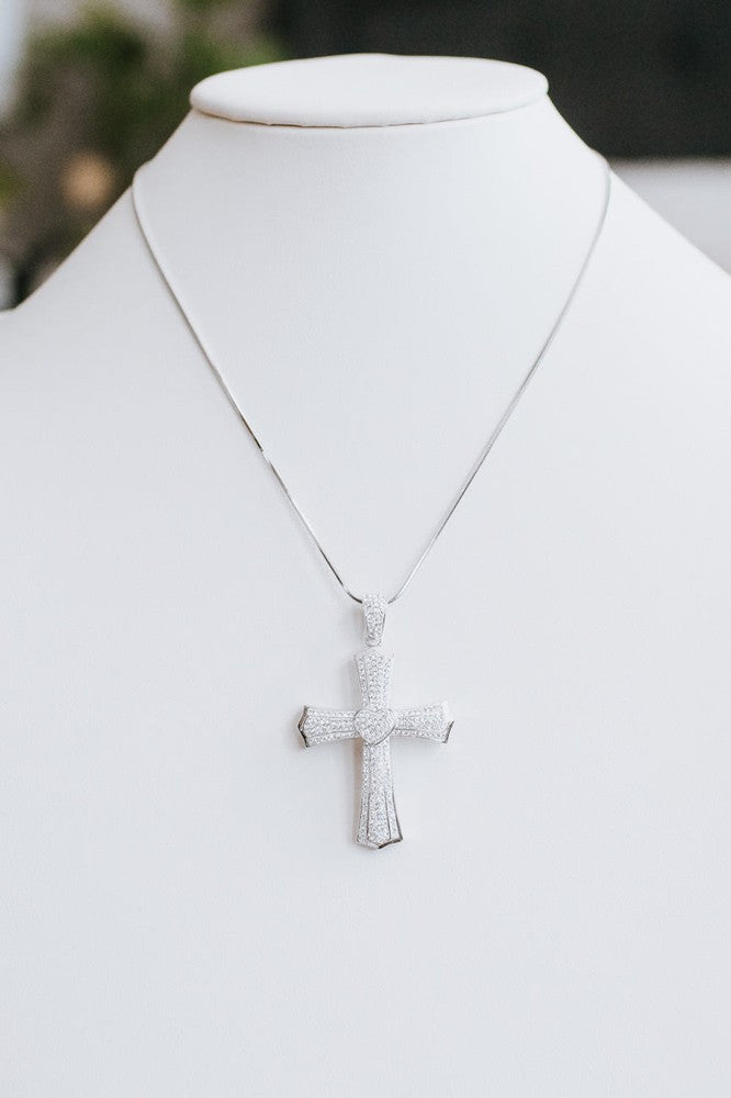Large Heart & Thin Metal Rows Cross Necklace