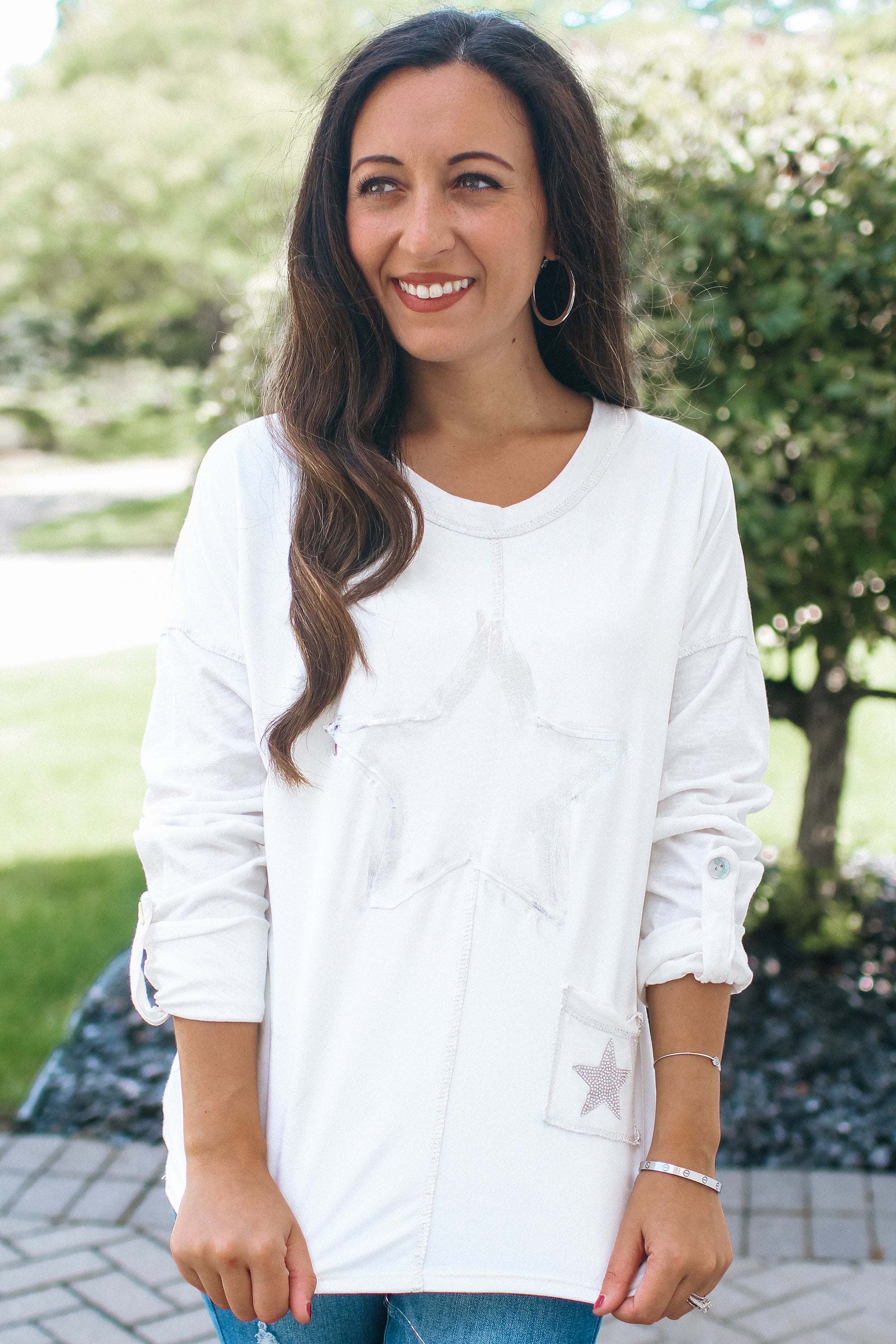 Suede Top with Metallic Star & Rolled Sleeves