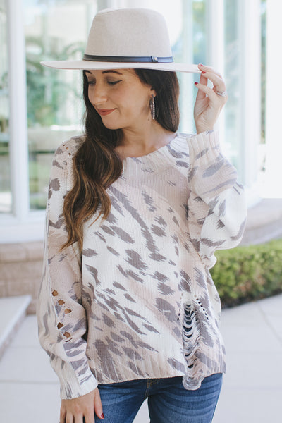 Round Neck Animal Print Distressed Sweater